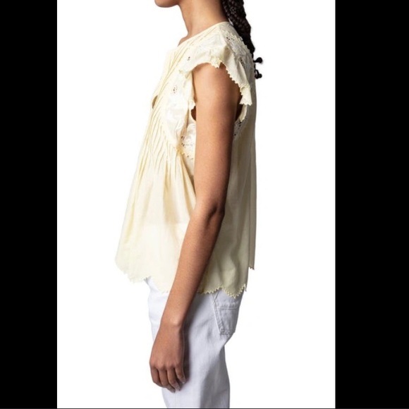 Zadig & Voltaire top XS Tiara floral embroidered prairie yellow flutter eyelet - Picture 4 of 13